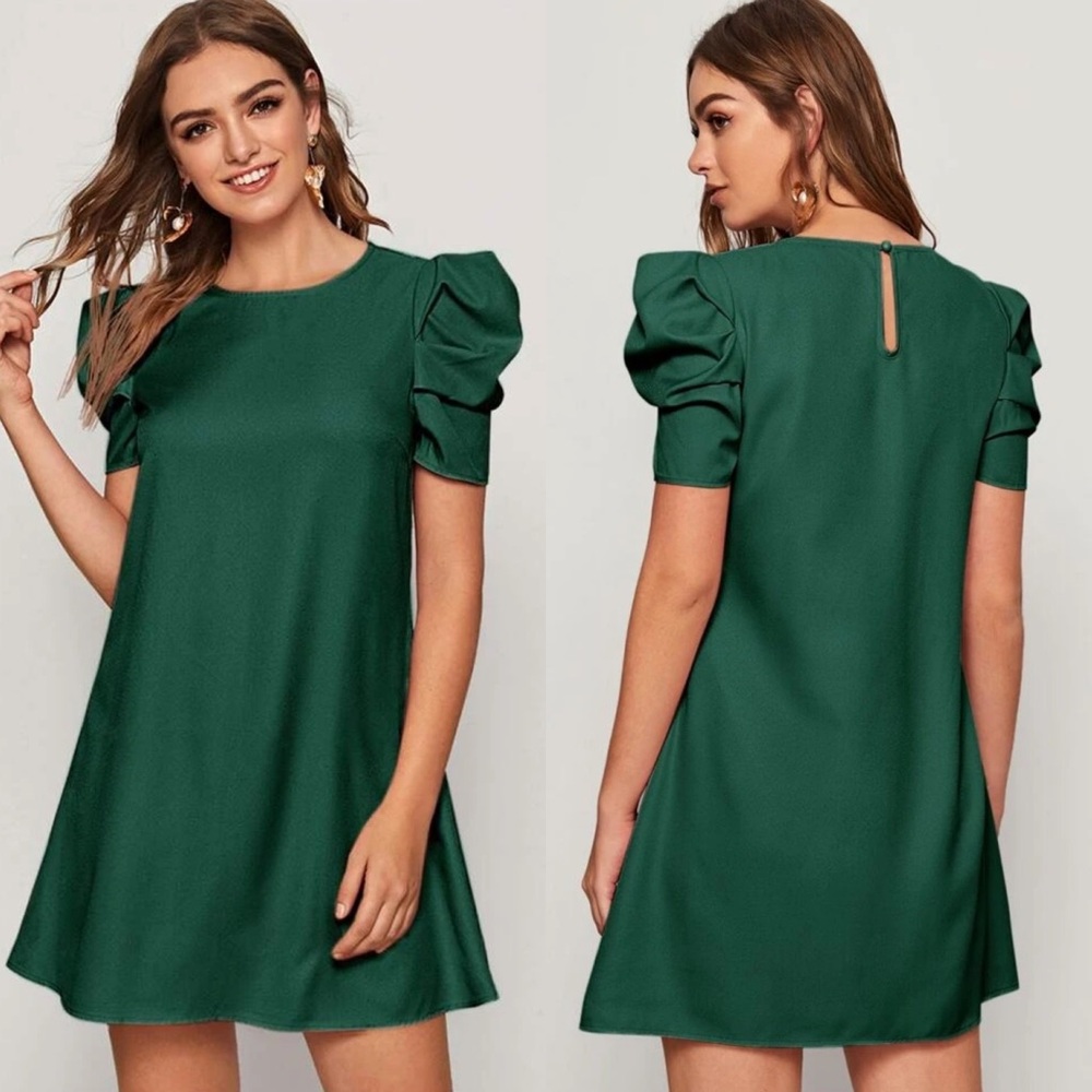 Puff sleeve babydoll shift dress keyhole cutout back short tunic green - Picture 2 of 8
